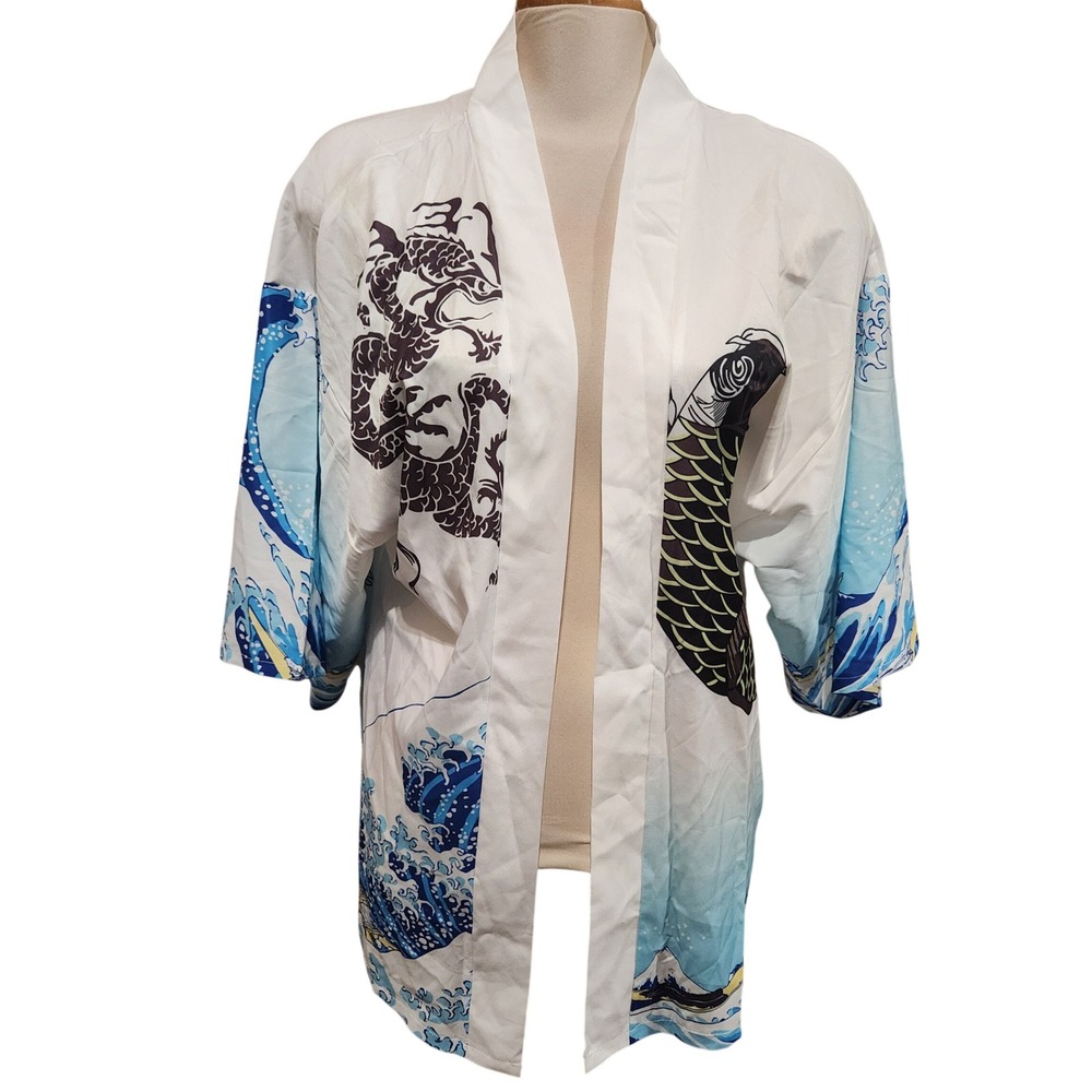 Japanese nwot Dragon Koi Fish Wave Kimono Robe Jacket White Blue